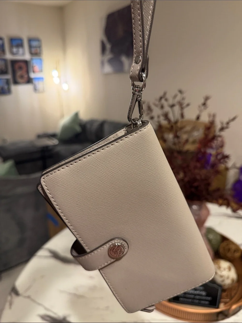 Michael Kors Light Cream Saffiano Leather Wallet with MK Medallion
